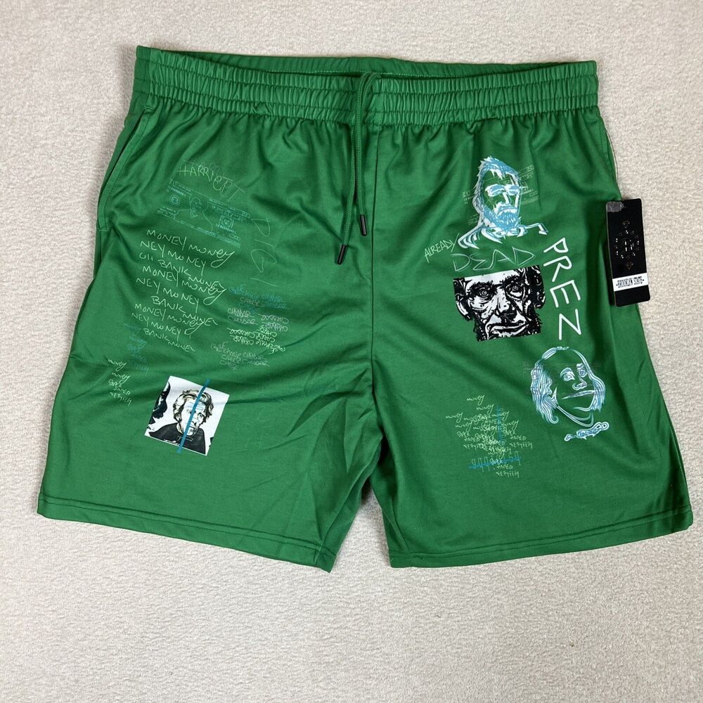 Brooklyn State Men’s Shorts Green Money Print Sz 3XL Outdoor Pocket Drowstring